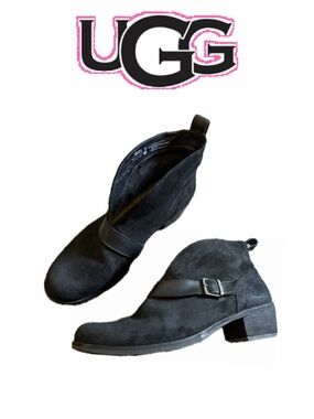 UGG Black Suede slip on Ankle Booties with Buckle Strap